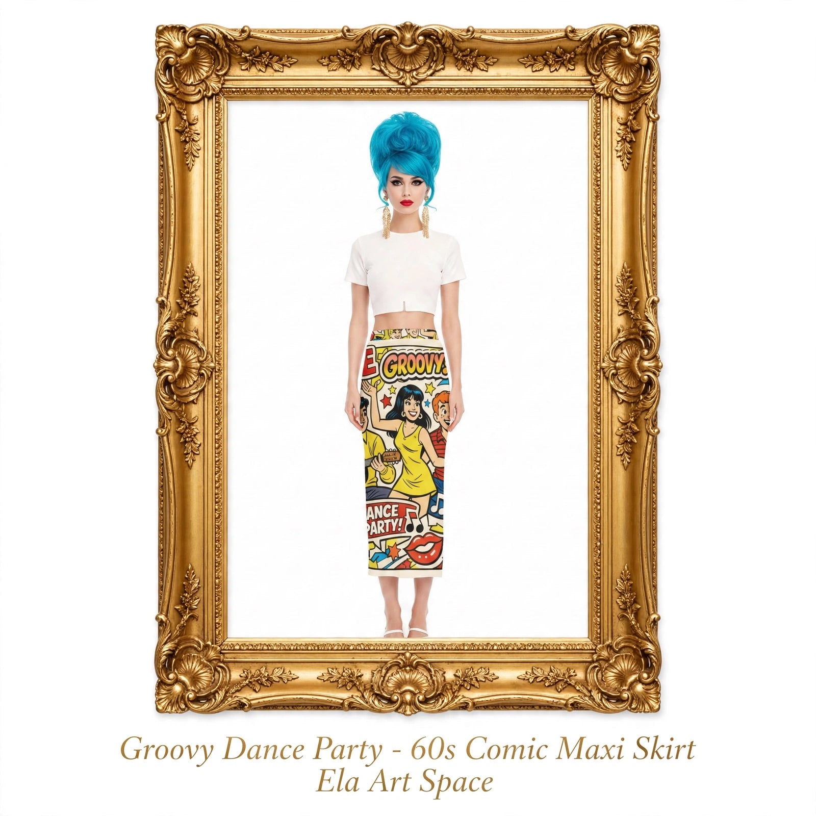 A model stands centered inside an ornate gold picture frame on a white background, wearing a bright blue wig, a white cropped top, and a colorful comic-style maxi skirt with the words 'Groovy Dance Party.' Text below the frame reads 'Groovy Dance Party - 60s Comic Maxi Skirt' and 'Ela Art Space.