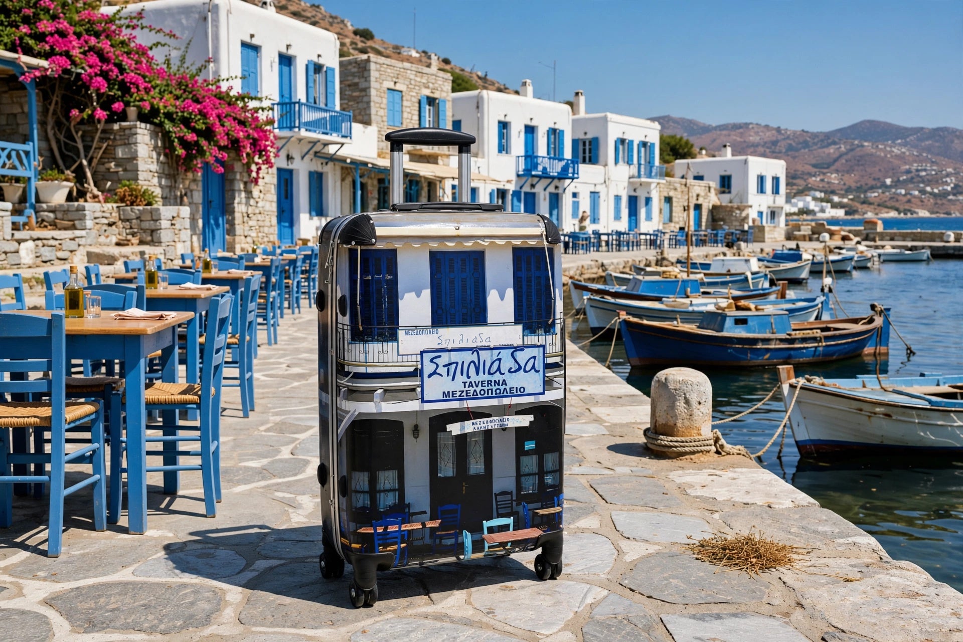 Spiliasa Taverna Poros Island Suitcase - Greek Blue Shutters Luggage | Original Photo