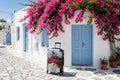 Bougainvillea Dream Suitcase - Greek Blue Doors & Pink Flowers Luggage | My Original Photo