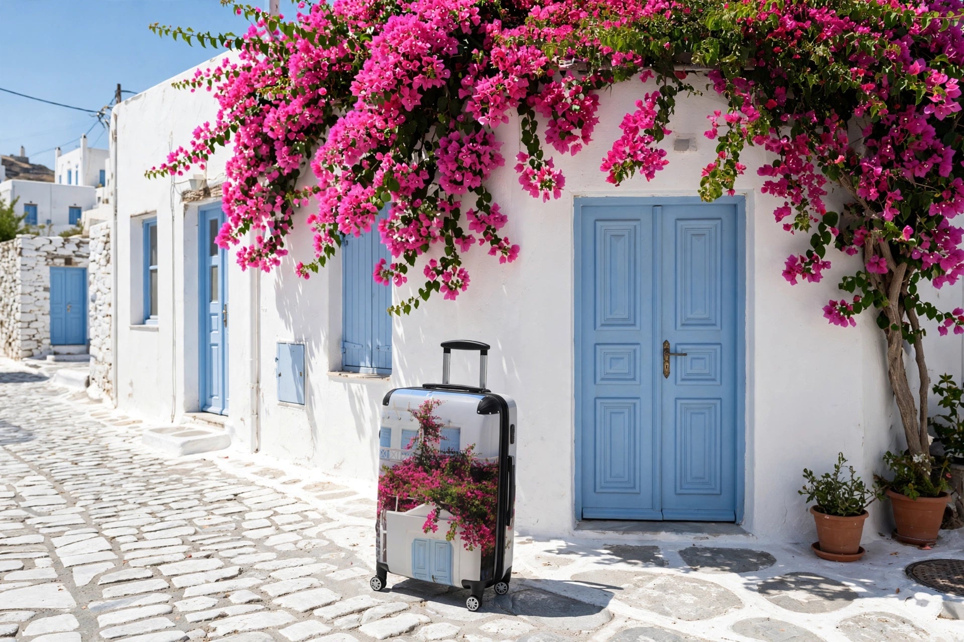 Bougainvillea Dream Suitcase - Greek Blue Doors & Pink Flowers Luggage | My Original Photo