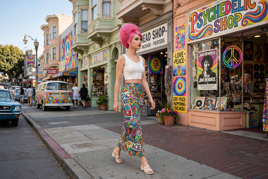 A woman with a bright pink mohawk walks on a city street wearing a white crop top and a colorful psychedelic patterned maxi skirt. She is walking past storefronts, including one labeled 'Psychedelic Shop'.