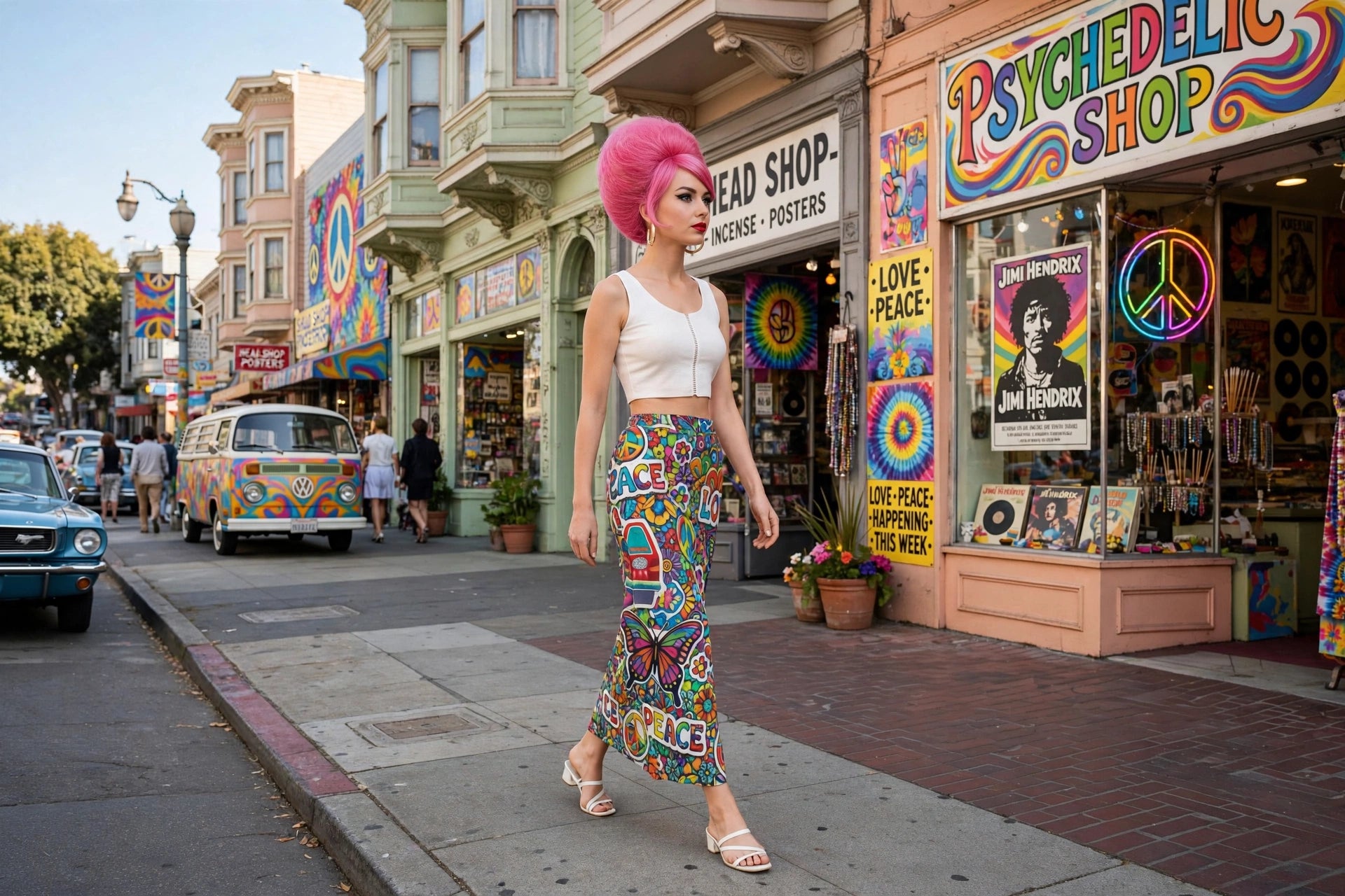 A woman with a bright pink mohawk walks on a city street wearing a white crop top and a colorful psychedelic patterned maxi skirt. She is walking past storefronts, including one labeled 'Psychedelic Shop'.