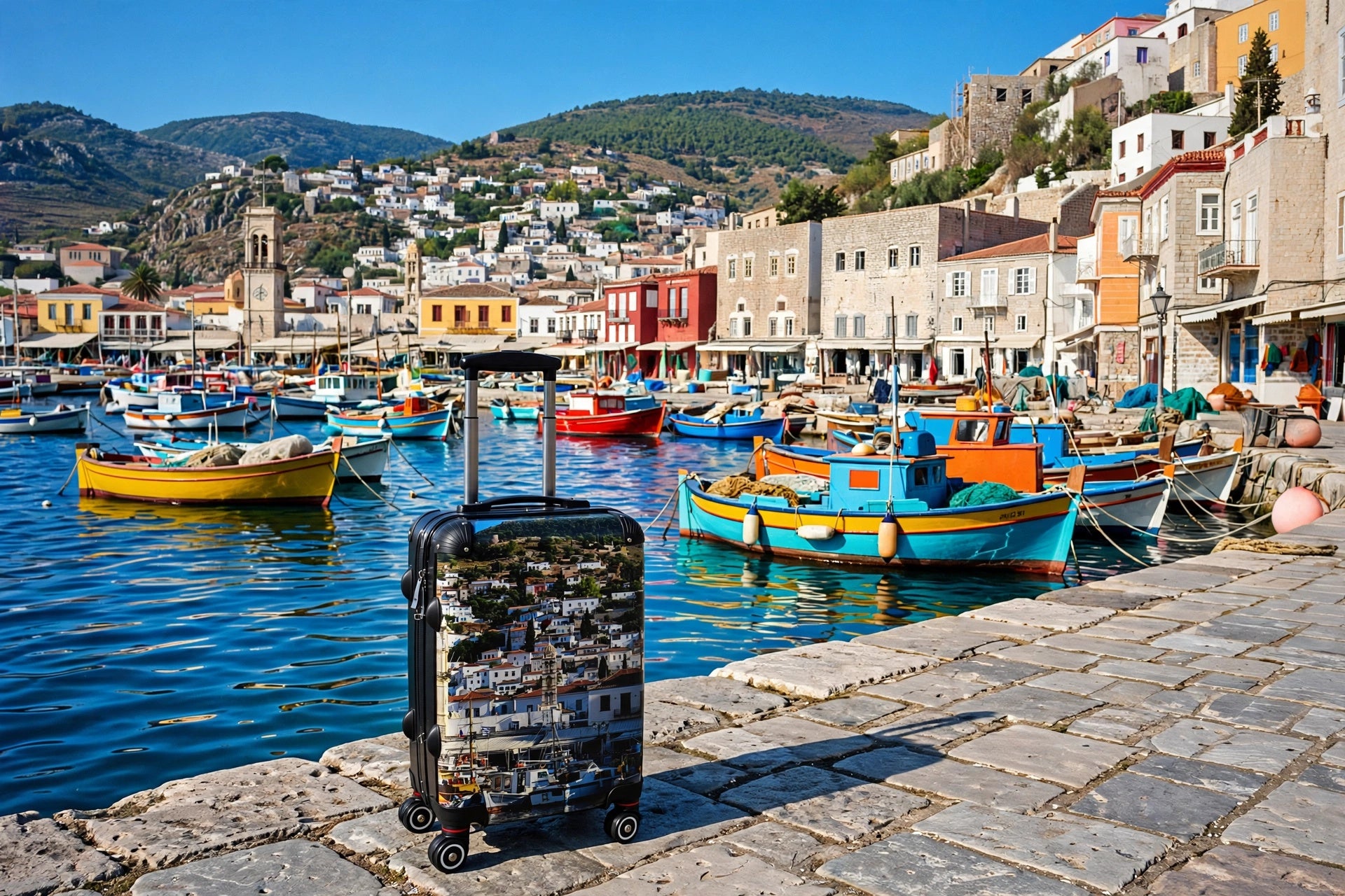Hydra Harbor Suitcase - Greek Island White Houses & Boats Luggage | Original Photo - Saronic Gulf