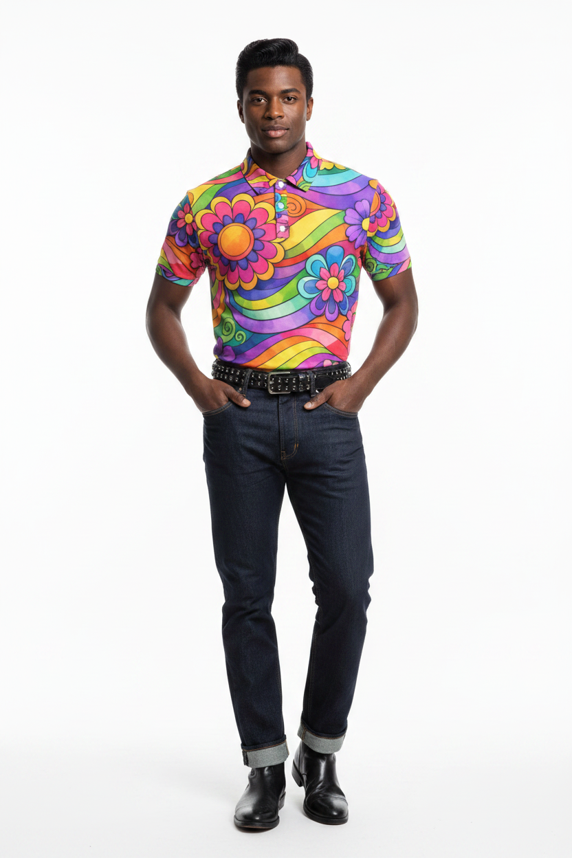 Model 3 greaser rainbow flower polo