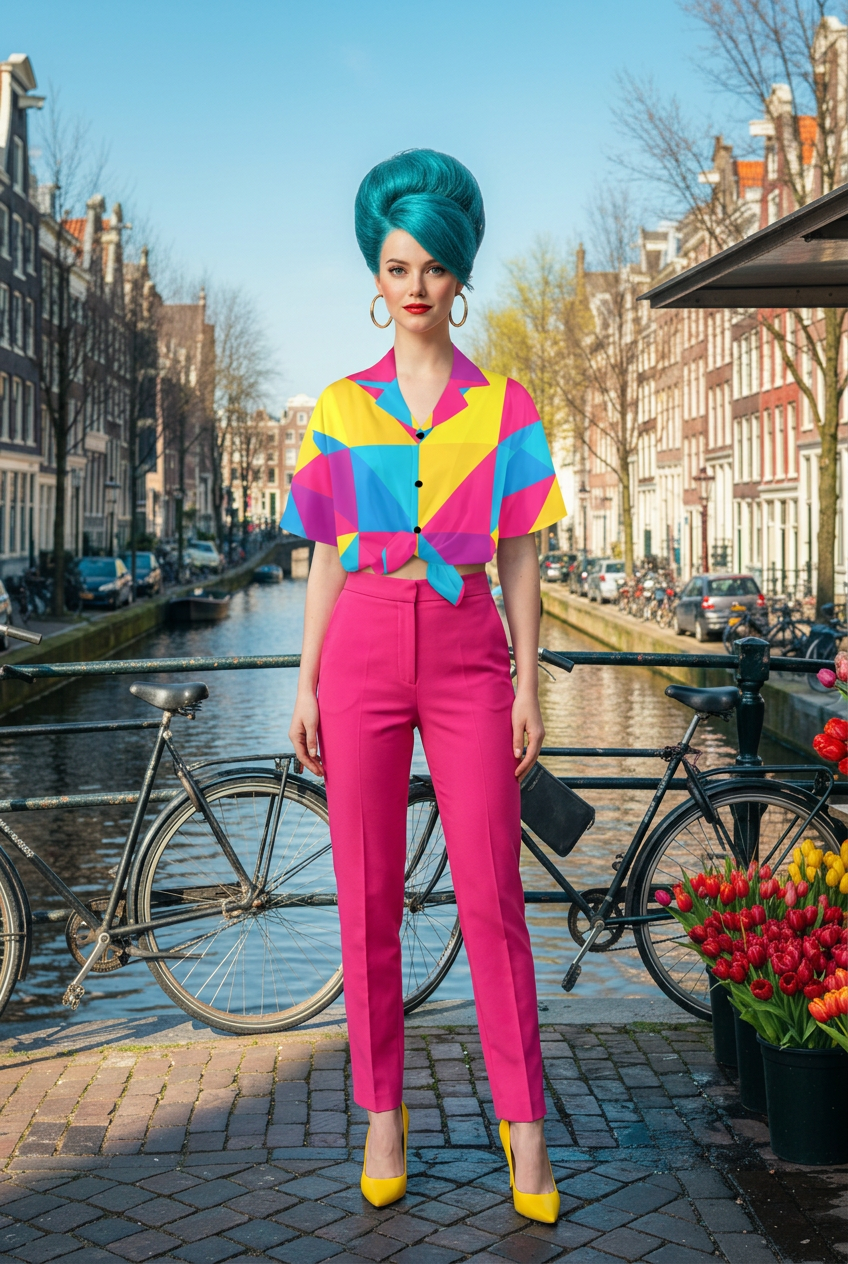 Prism Pop Blouse styled with pink trousers beside an Amsterdam canal flower stall