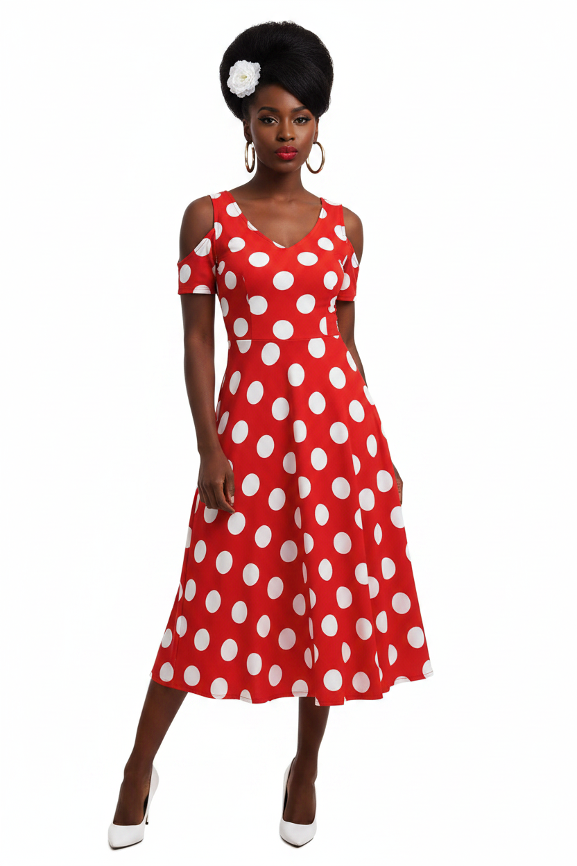 Red Polka Dot Midi Dress — model 1