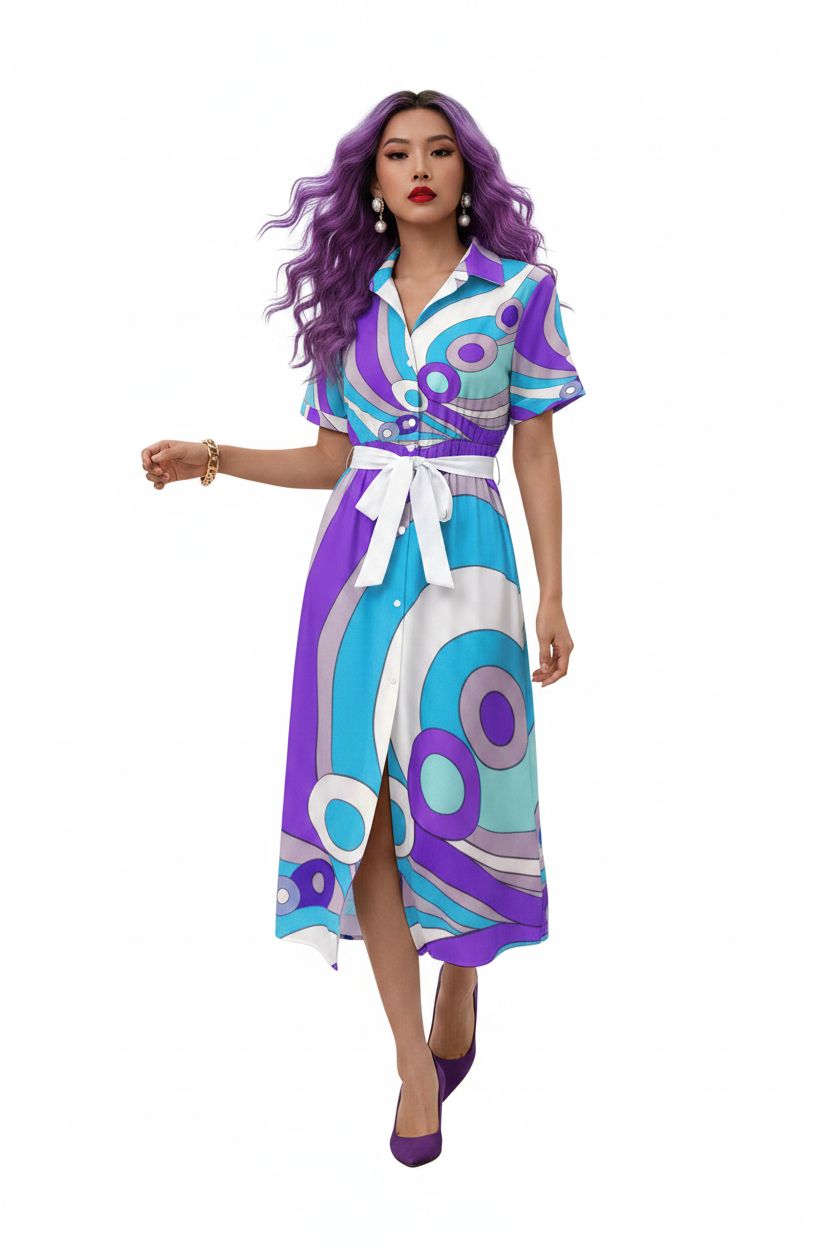Retro Wave Swirl Shirt Dress — model 3