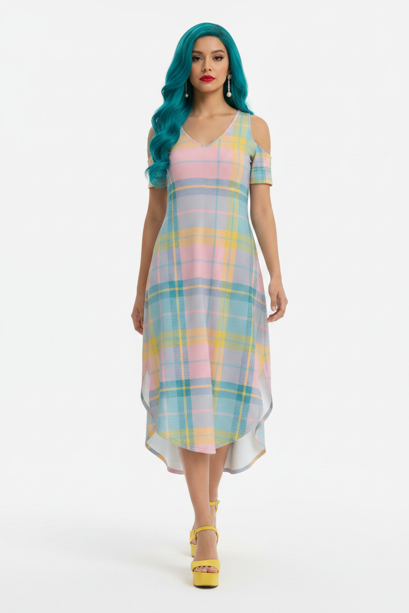 Pastel Plaid Hi-Low Dress — model 3