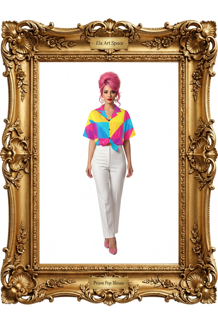 Prism Pop Blouse, full-length model with pink beehive entirely inside a gold baroque frame