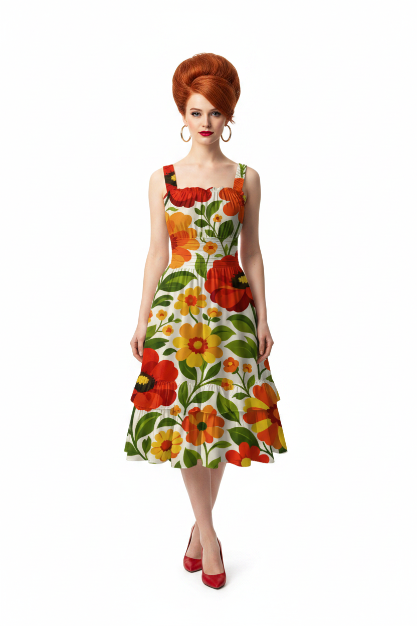 Retro Garden Floral Ruffle Dress — model 1