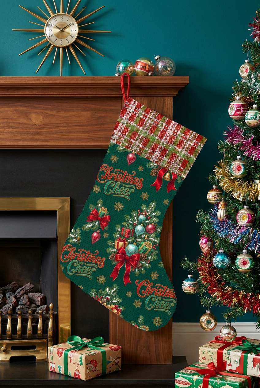 Christmas Cheer sequin stocking hanging in a colourful 60s holiday living room