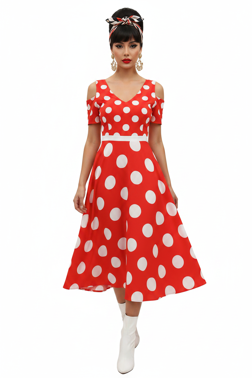 Red Polka Dot Midi Dress — model 3