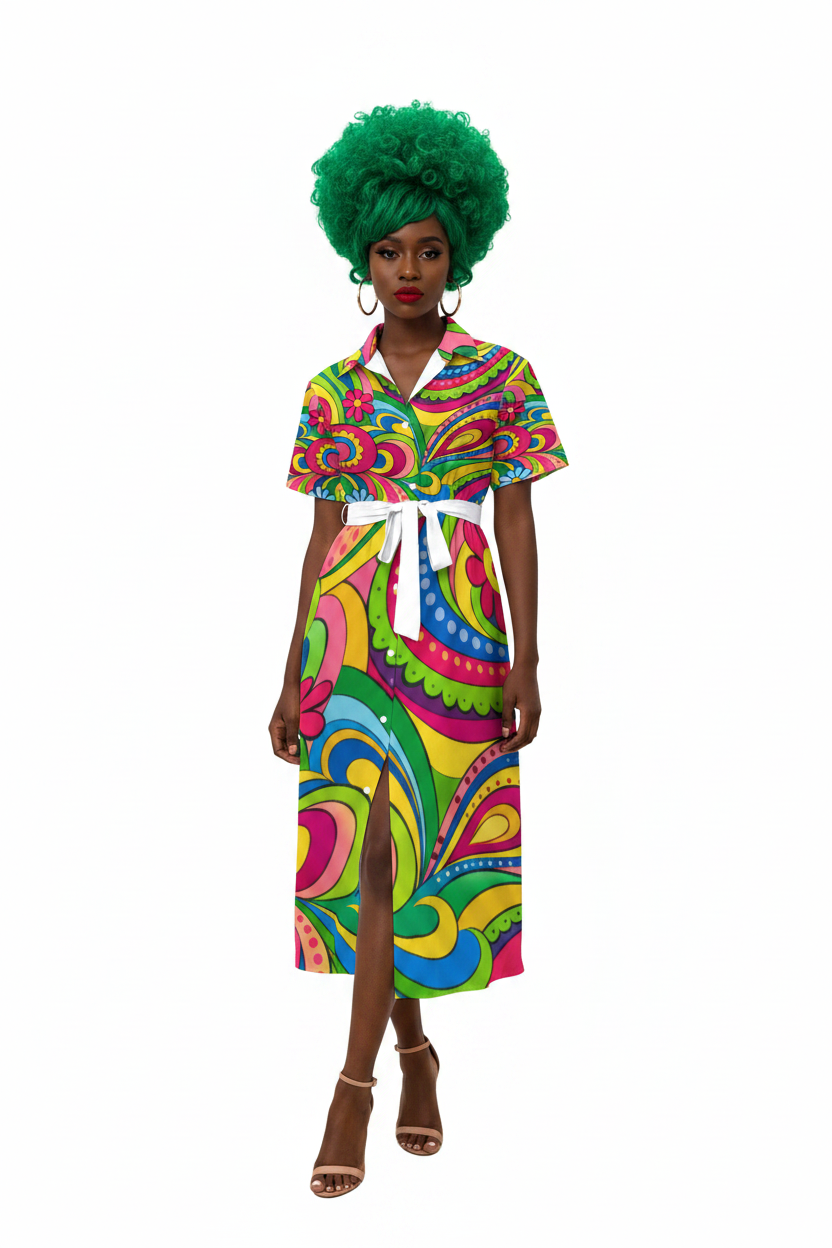 Psychedelic Swirl Shirt Dress — model 1