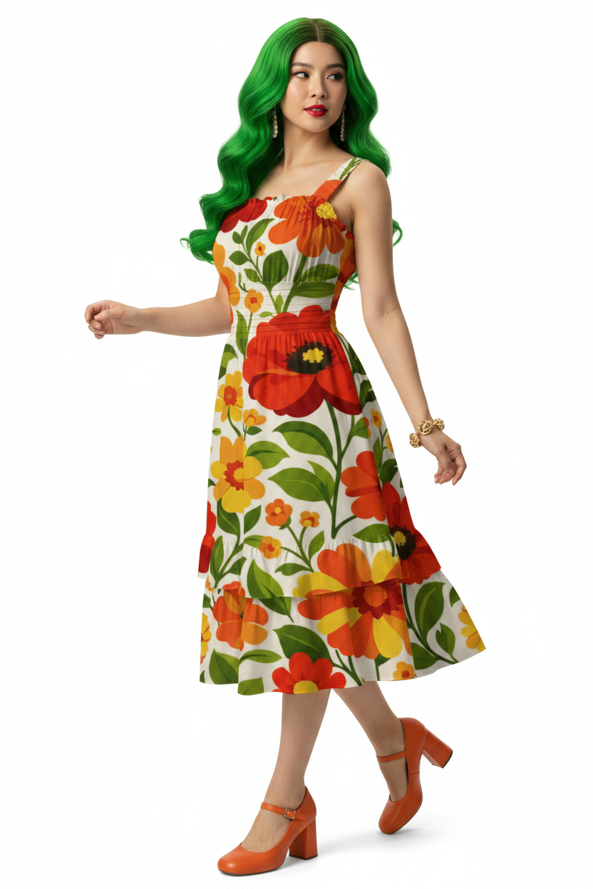 Retro Garden Floral Ruffle Dress — model 3