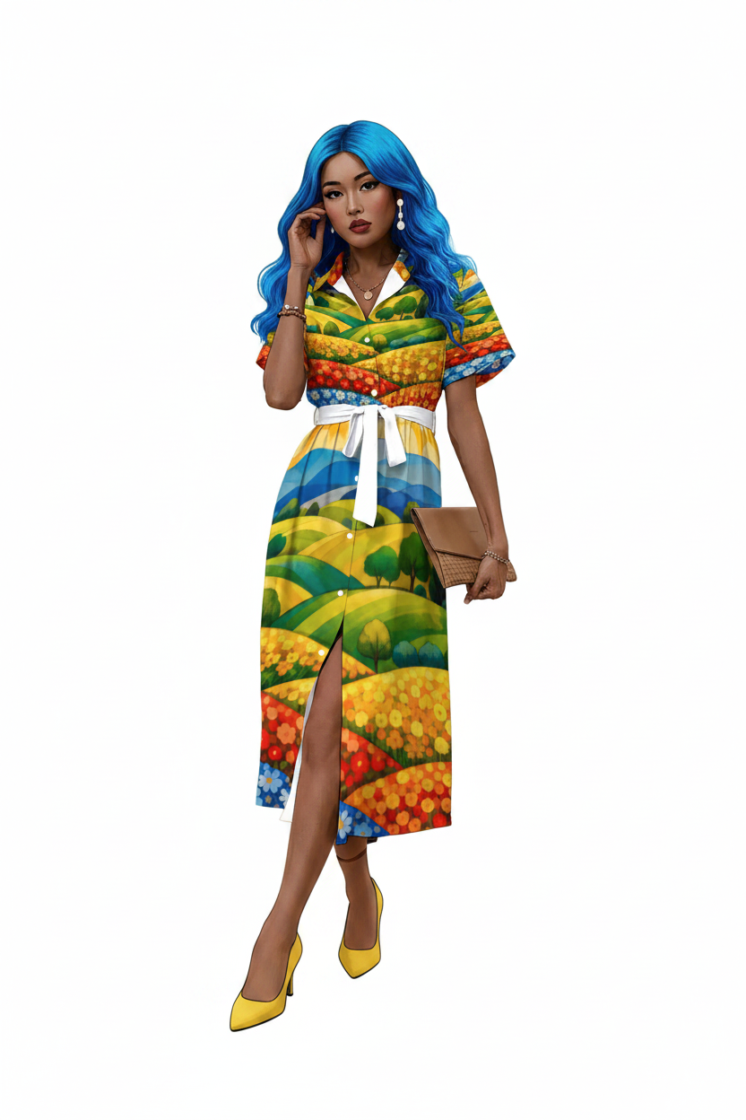Painted Flower Field Shirt Dress — model 3