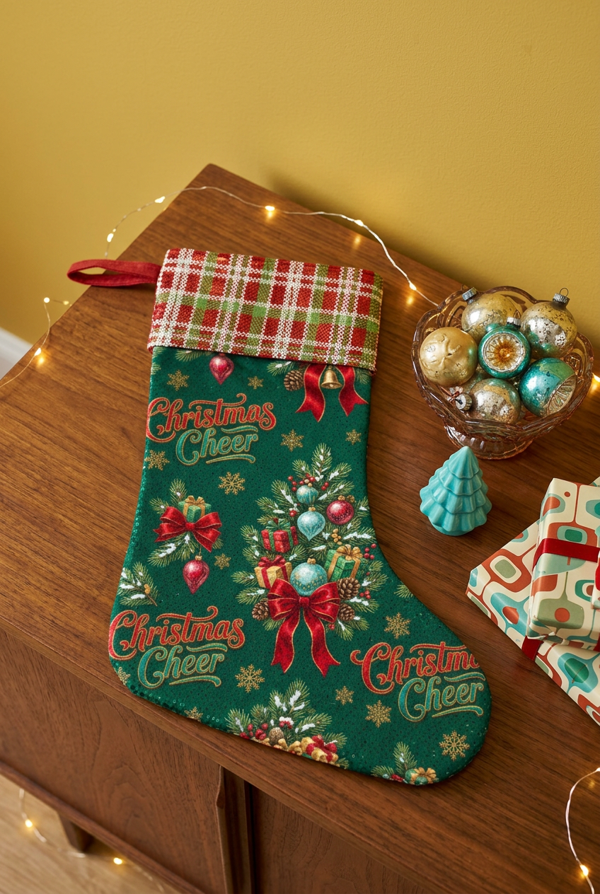 Christmas Cheer stocking displayed on a walnut sideboard with vintage Christmas ornaments