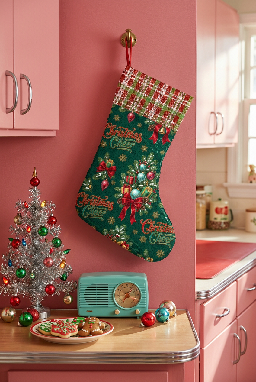 Emerald Christmas Cheer stocking in a festive pink retro kitchen