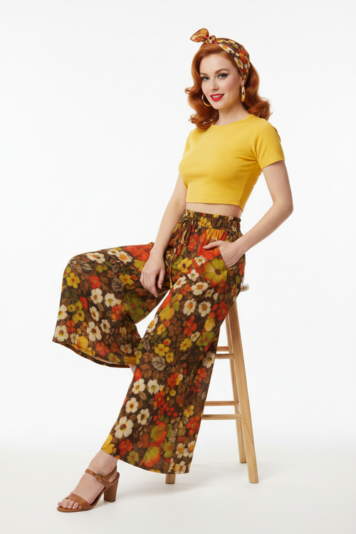 Autumn Flower Palazzo Pants — 60s model sitting
