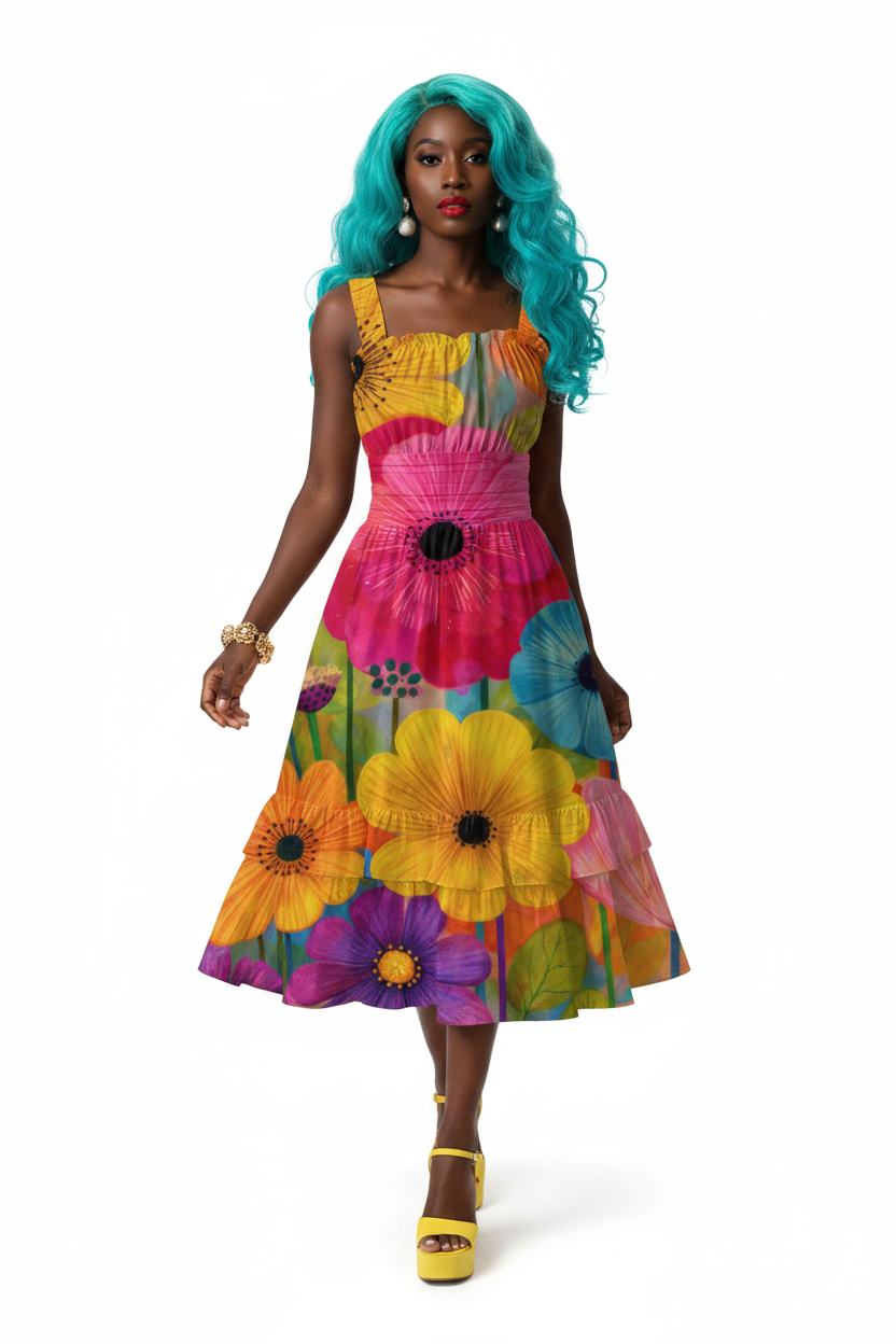 Bold Garden Gerbera Ruffle Dress — model 3