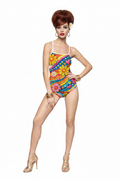 Flower Power One-Piece Swimsuit — 60s Latina model studio white background