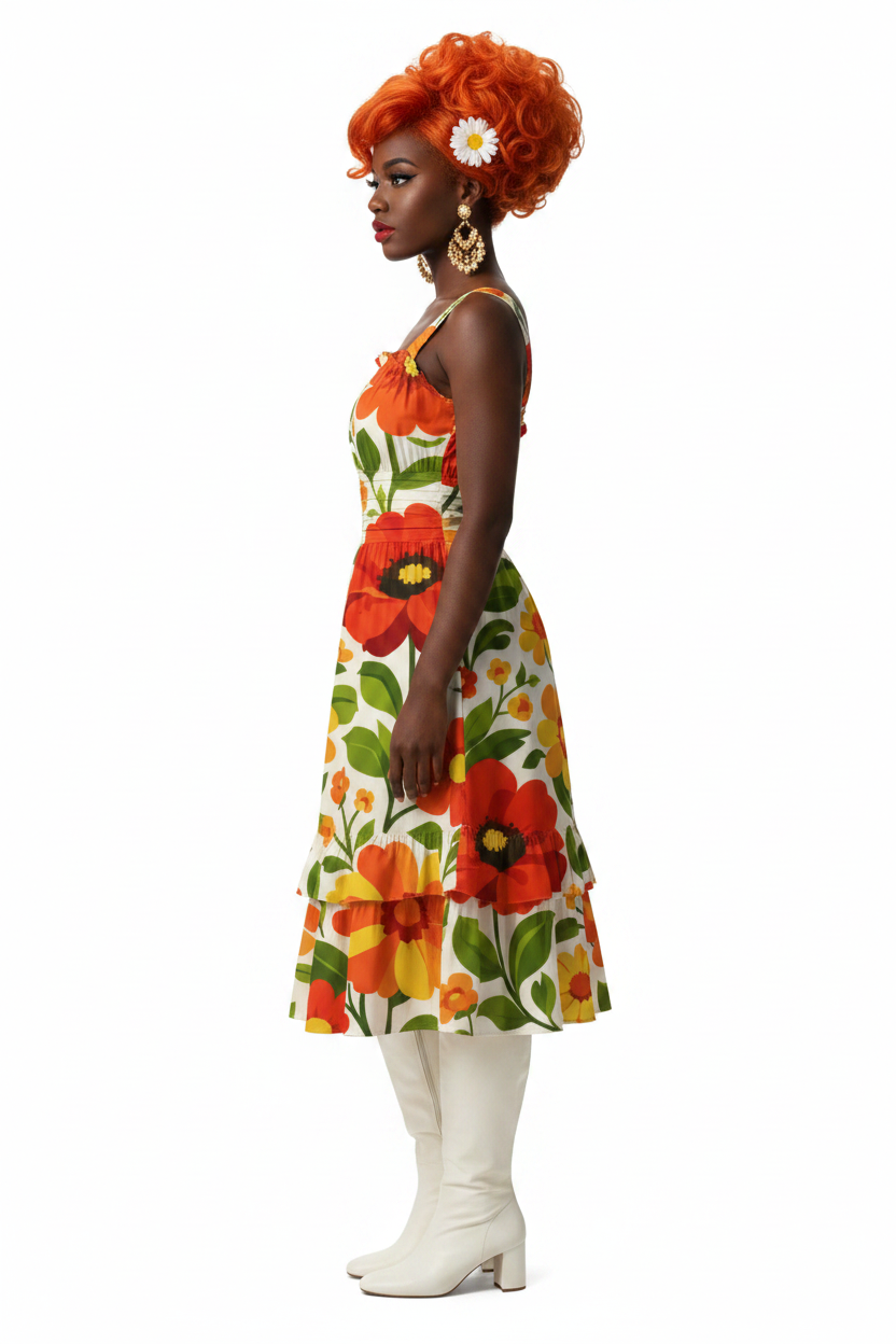 Retro Garden Floral Ruffle Dress — model 2
