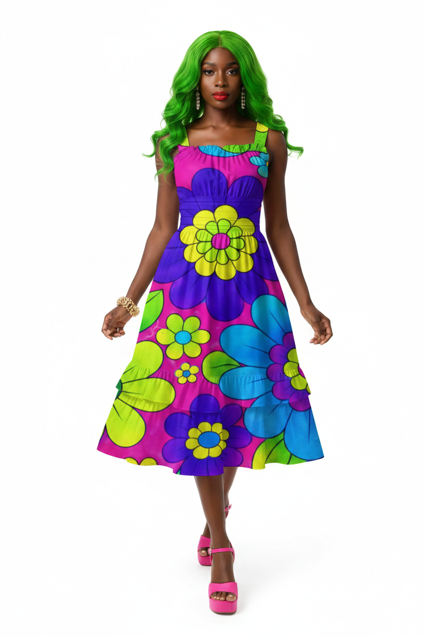 Neon Pop Art Flower Power Ruffle Dress — model 3