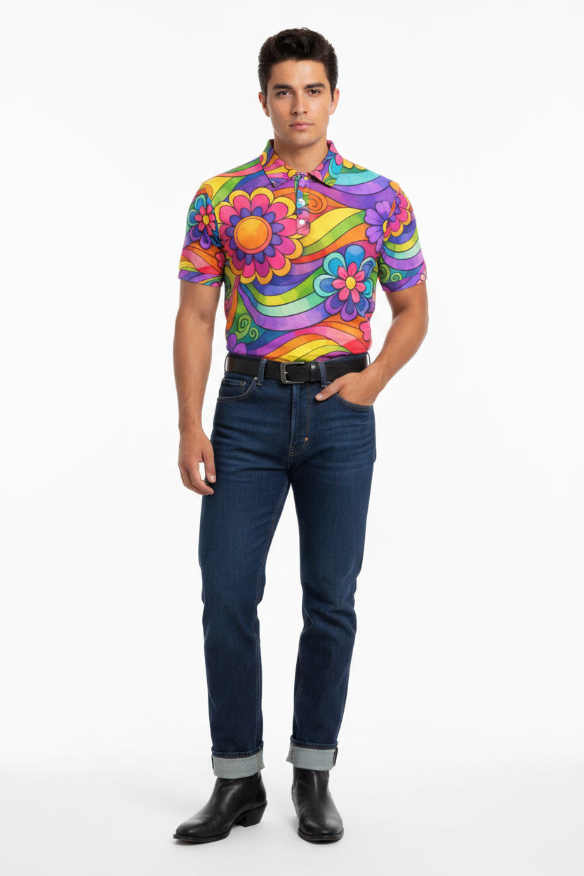 Model 2 quiff rainbow flower polo