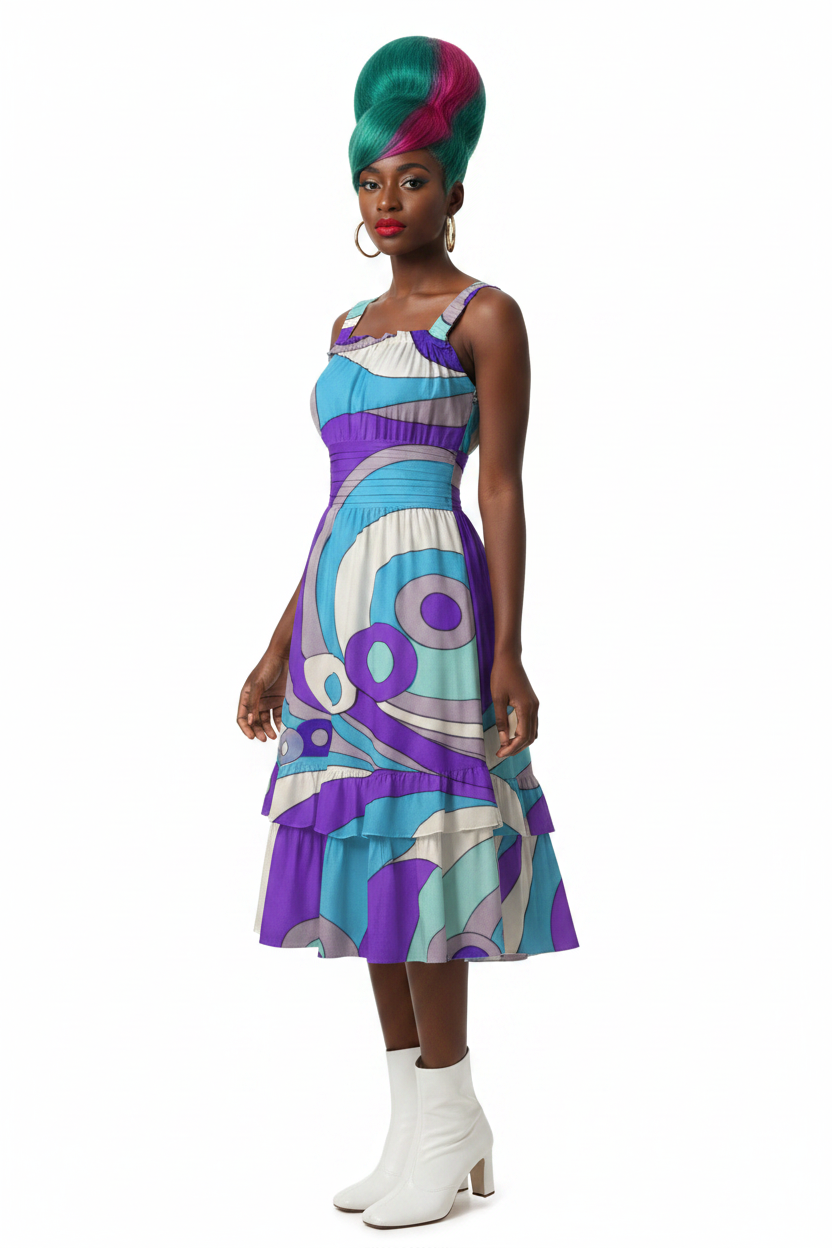 Retro Wave Swirl Ruffle Dress - model 3