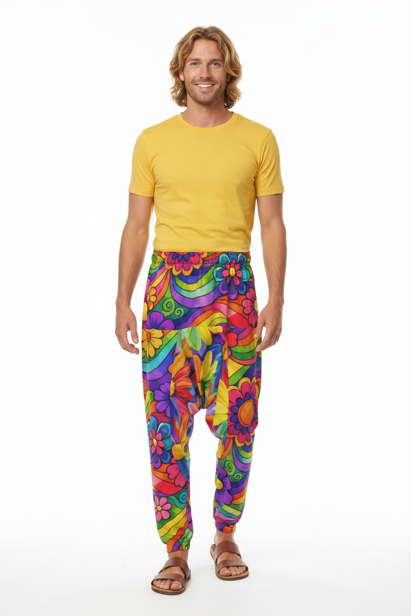 Rainbow Flower Power Harem Pants — 60s blonde man