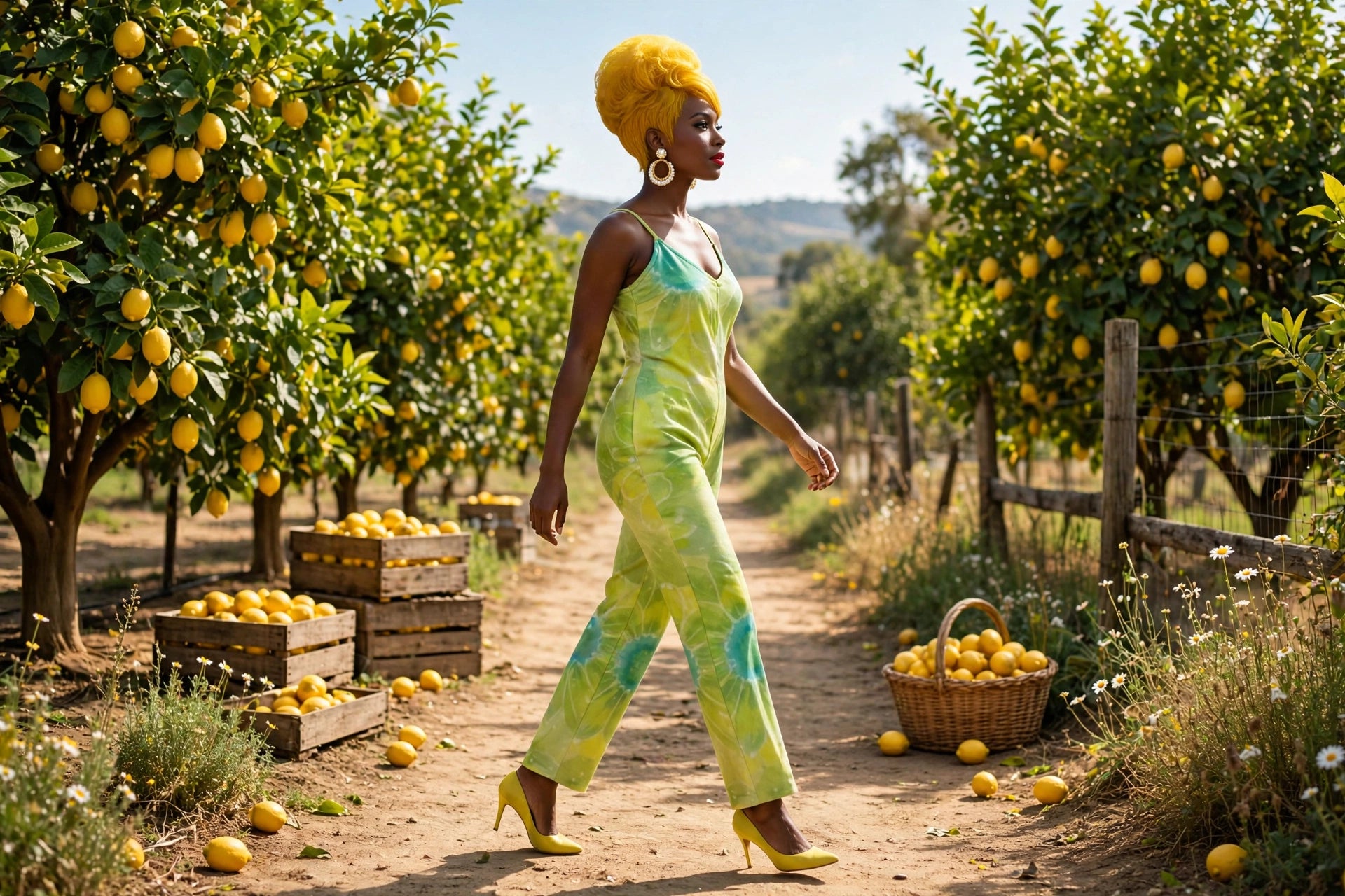 Lime Light - 60s Watercolor Daisy Jumpsuit