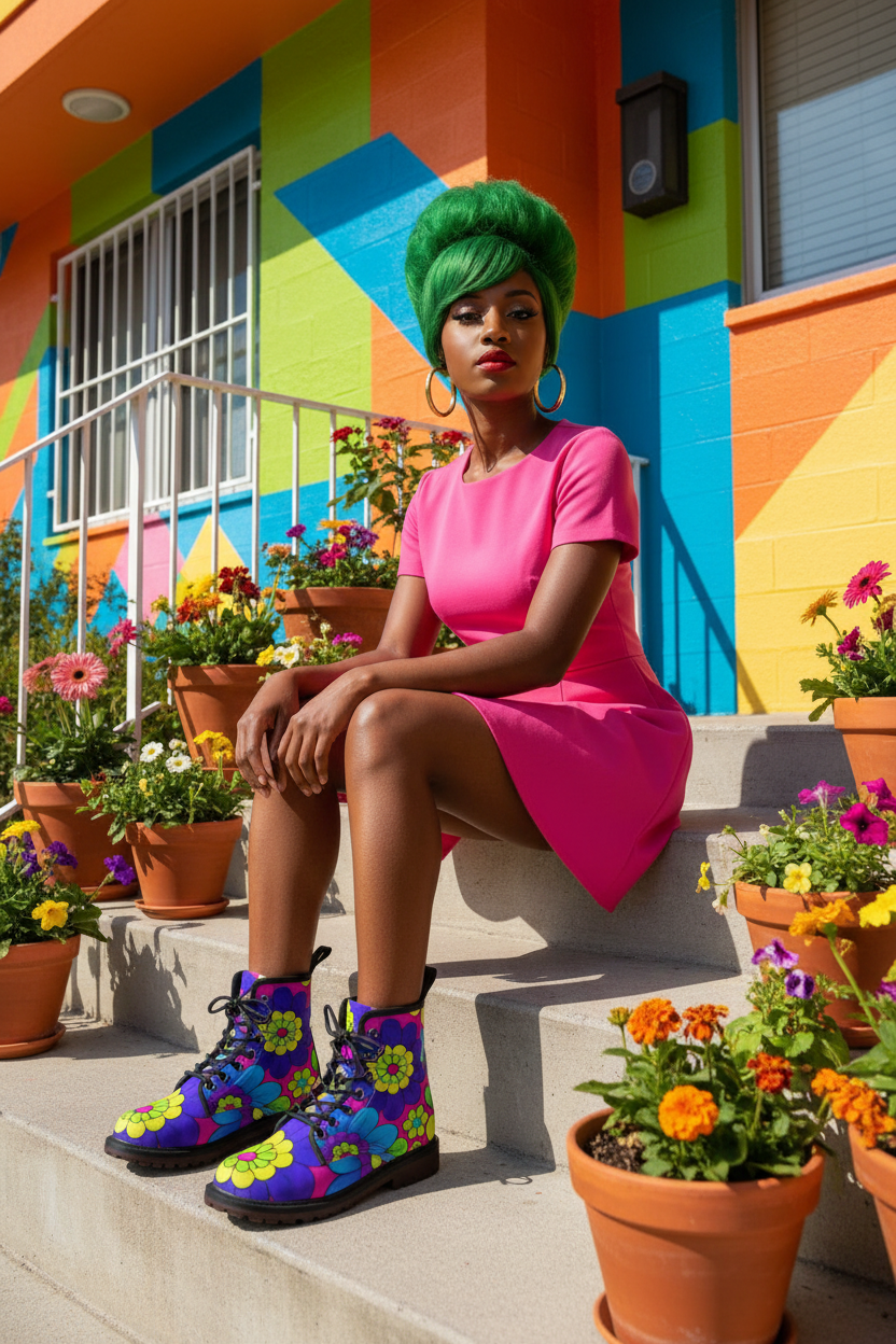 Neon Flower Power Combat Boots