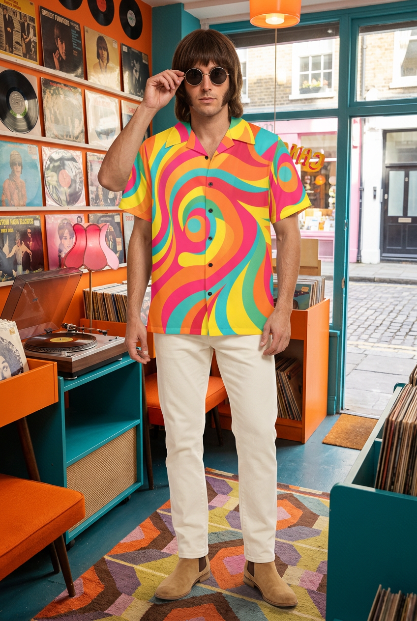 Lifestyle w londyńskim sklepie z płytami w stylu 60s