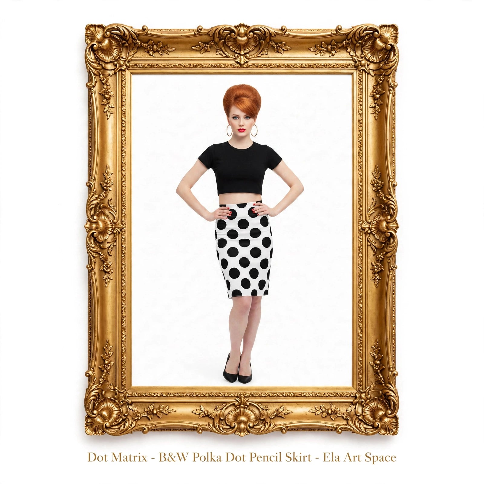 A woman with red hair stands in a white studio setting wearing a black short-sleeve crop top and a black-and-white polka dot pencil skirt, posed inside an ornate gold picture frame. Small text below the frame reads 'Dot Matrix - B&W Polka Dot Pencil Skirt - Ela Art Space'.