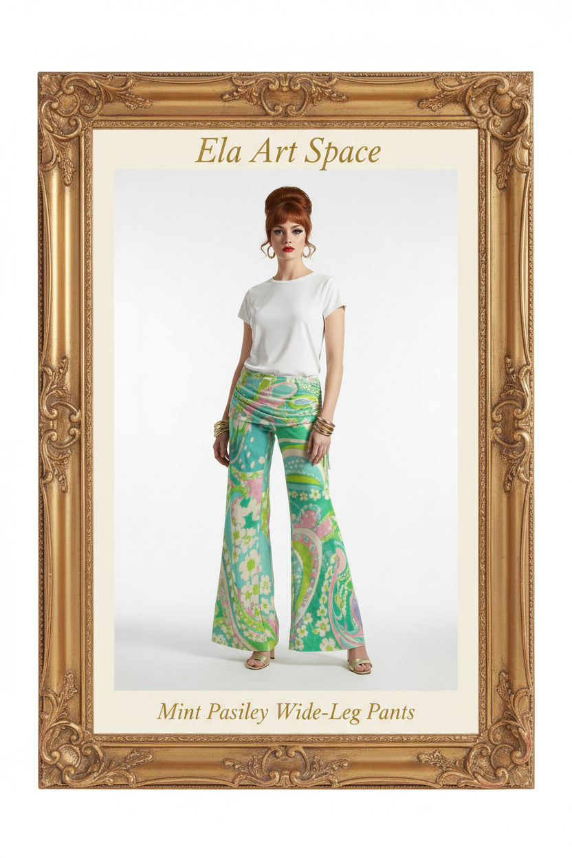 Mint Paisley Wide-Leg Pants — złota rama