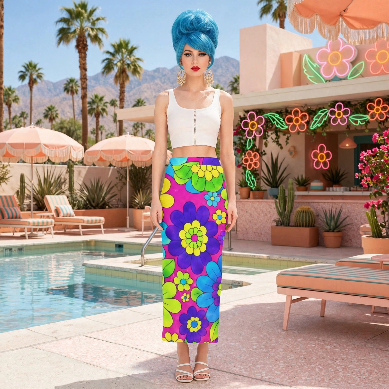 A woman stands poolside in a retro-style patio setting wearing a white crop top and a vibrant, multicolored midi skirt with a large retro floral pattern. She has a bright blue hair and is posing in front of a pool, lounge chairs, and palm trees.
