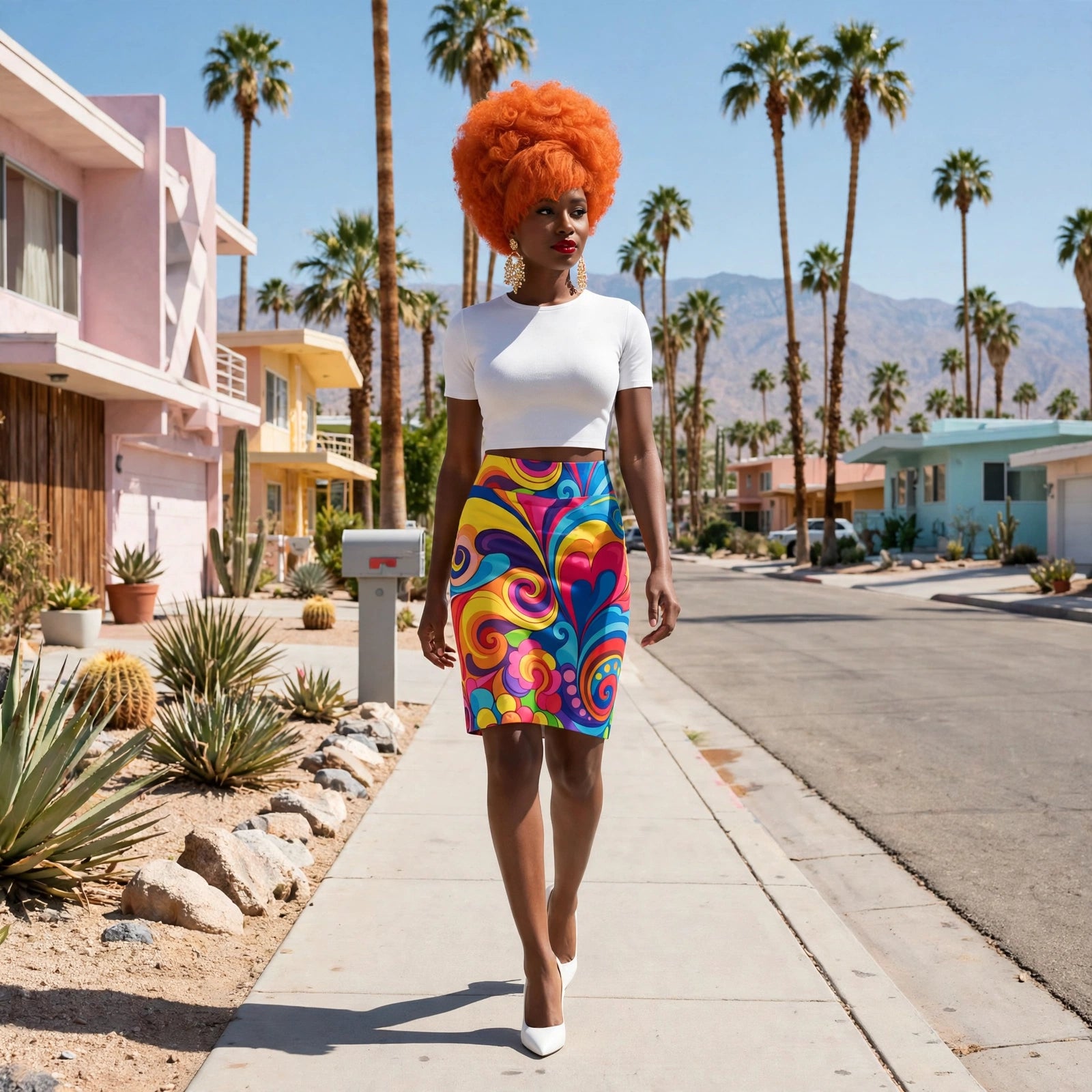 A woman walking on a sunny sidewalk in a desert town, wearing a white short-sleeve crop top and a vibrant, multicolored swirl-patterned pencil skirt with white heels.