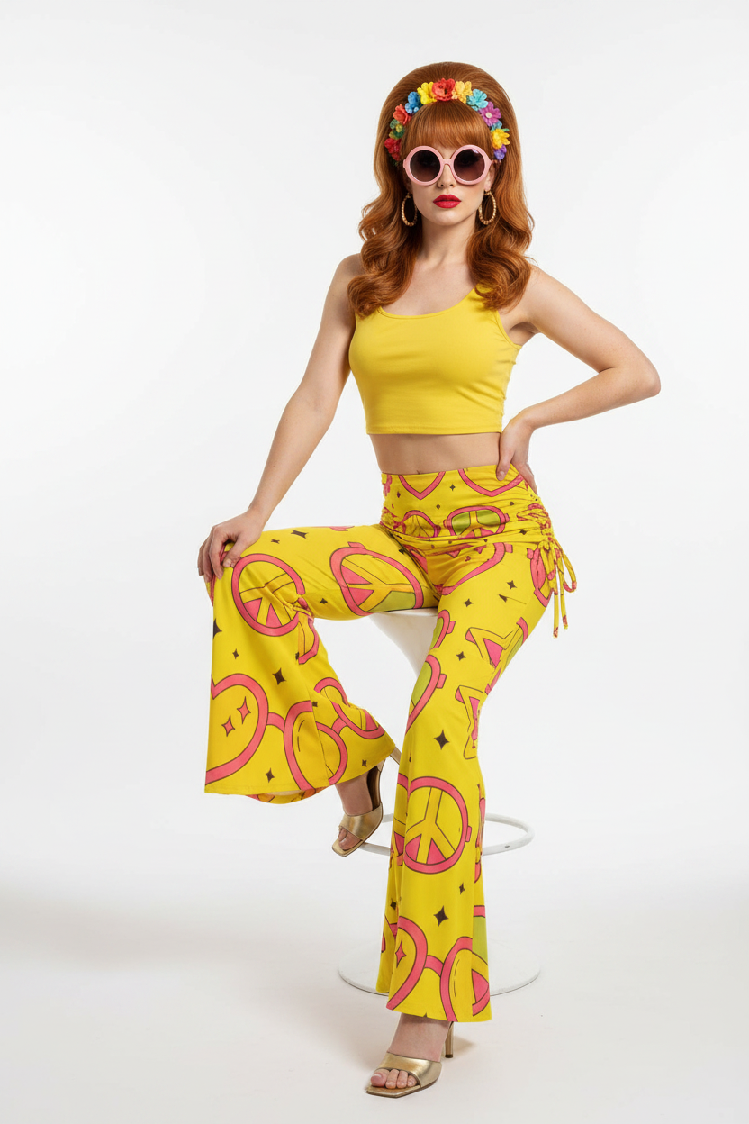 Peace Sign Yellow Pants — Sitting