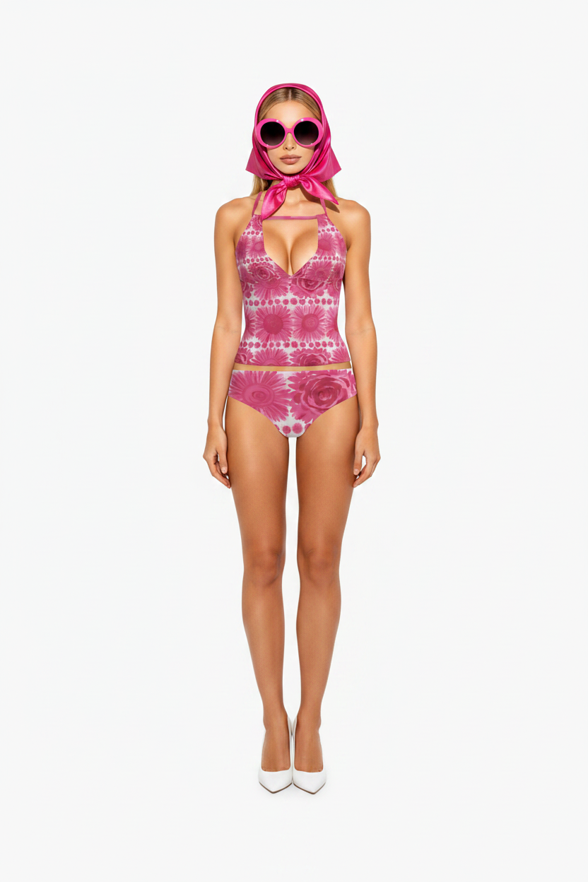 Pink Gerbera Bikini — Bardot różowa chustka + okulary