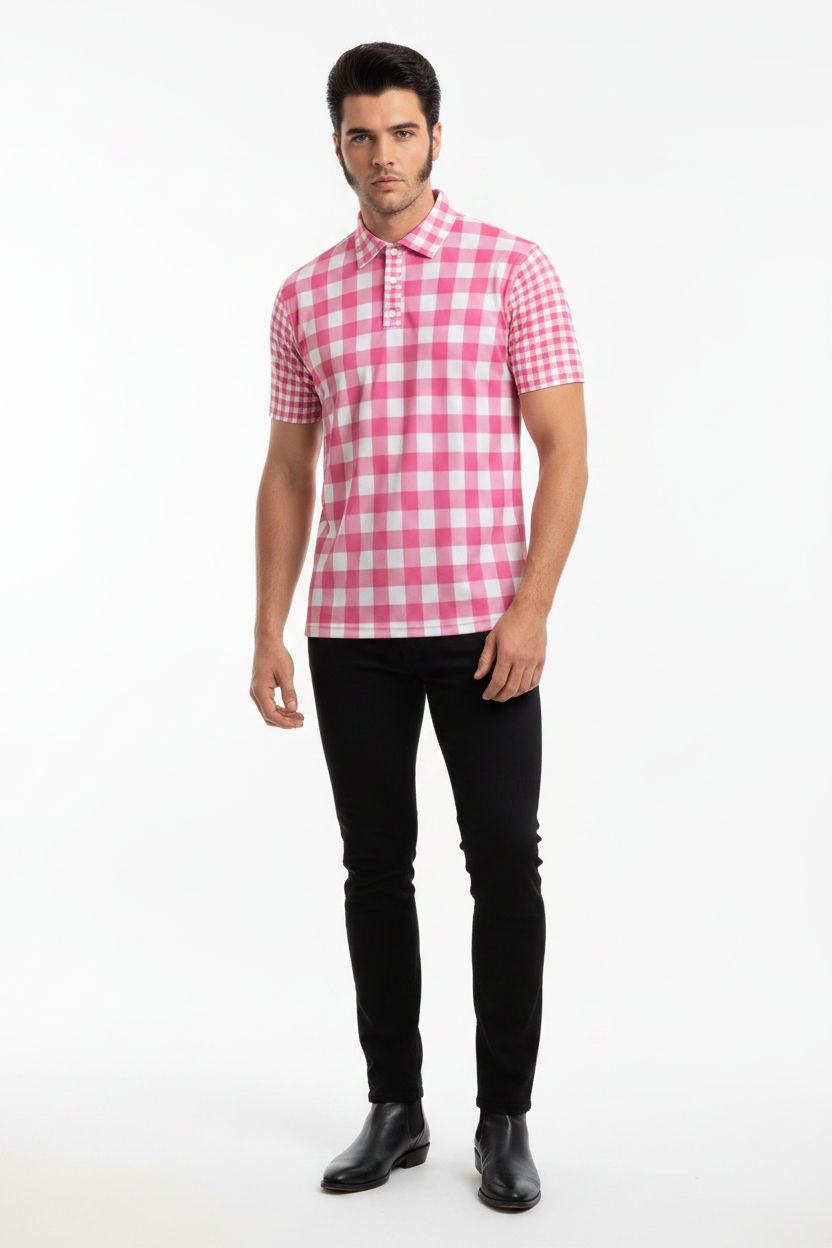 Pink Gingham Check Polo — model z greaser hair 60s