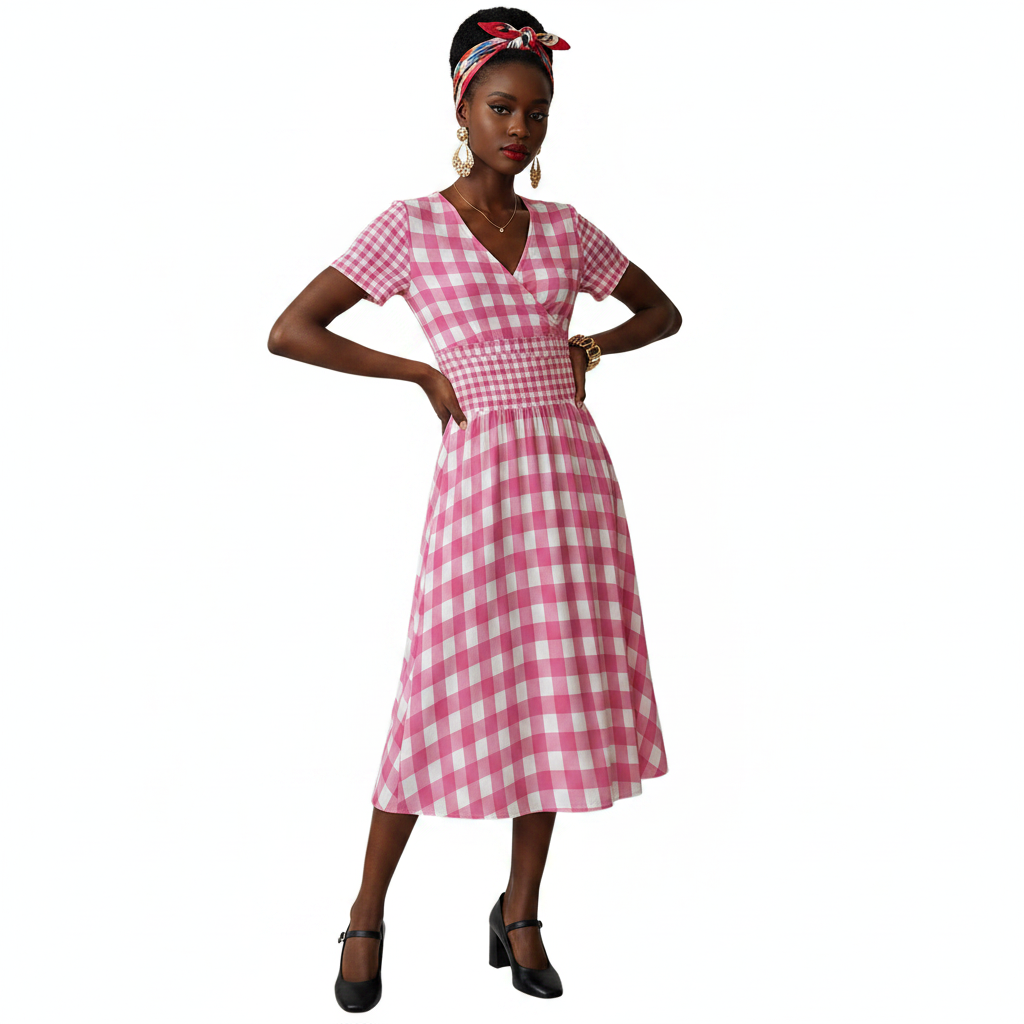 Pink Gingham Dress Modelka 2 v3