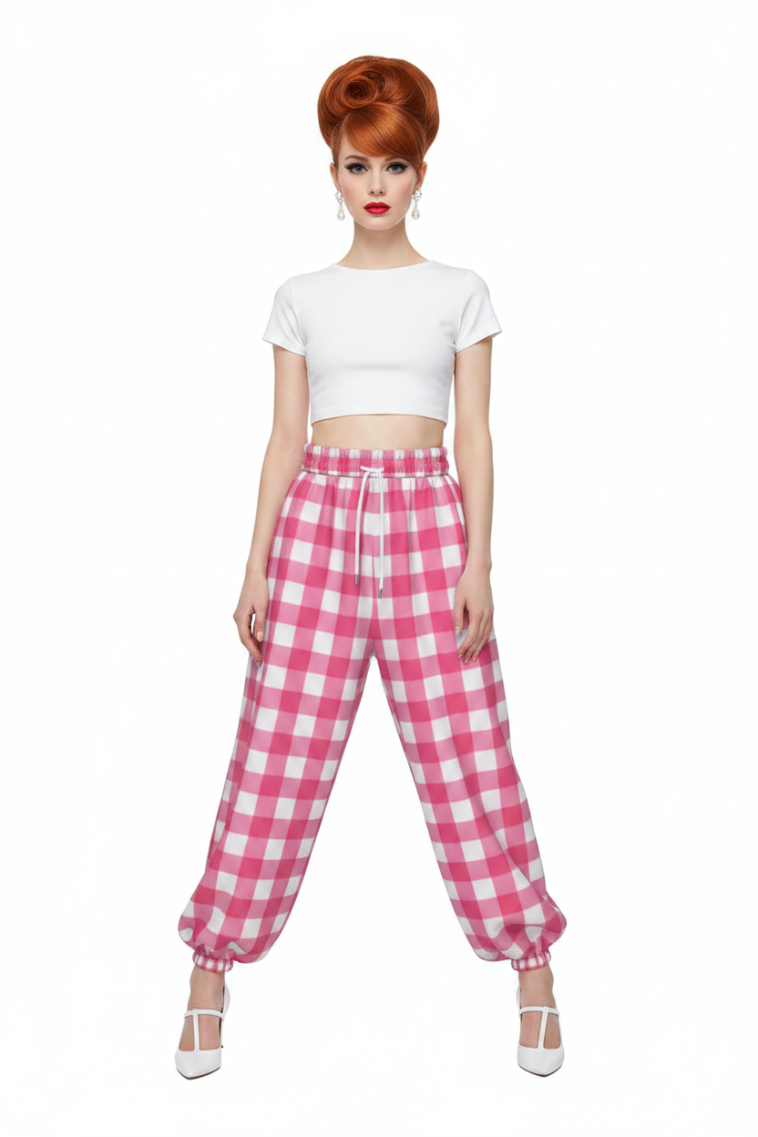 Pink Gingham Lantern Pants — Woman