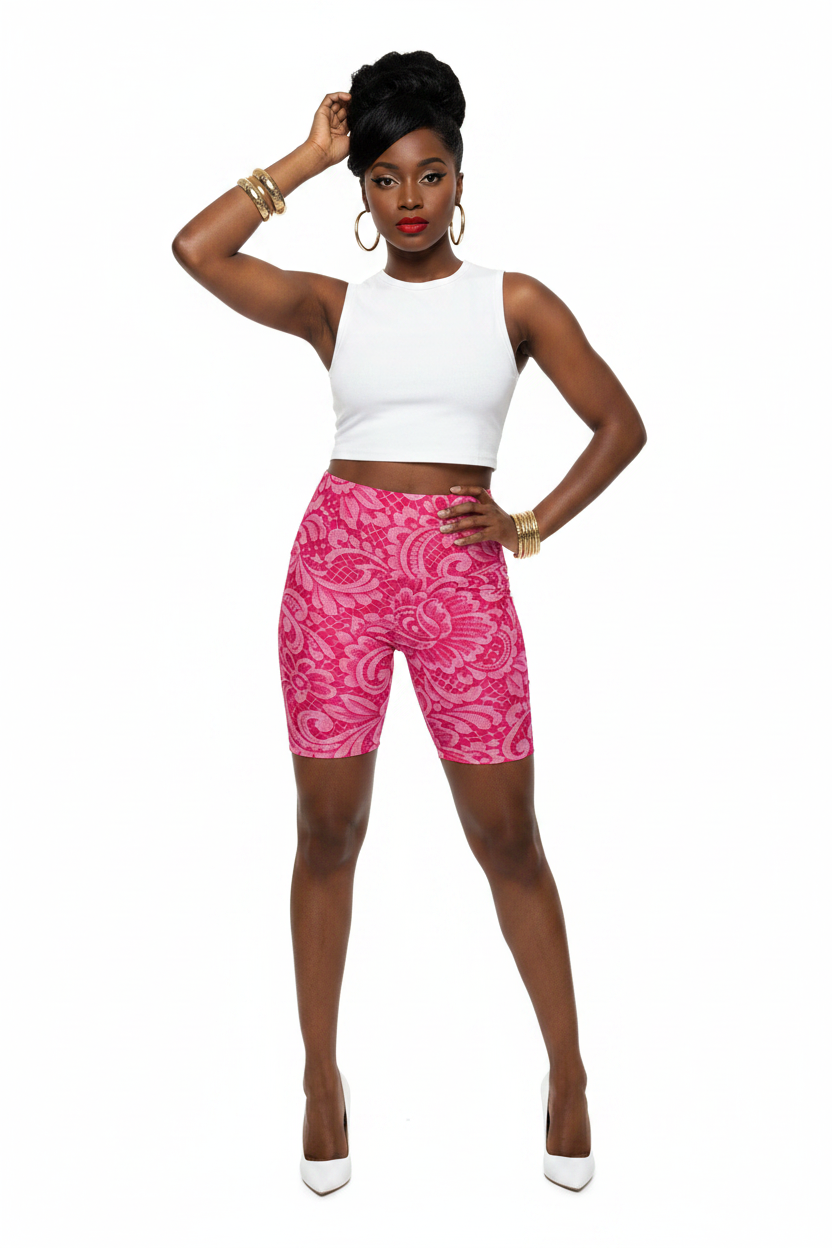 Pink Lace Floral Biker Shorts — 60s Model