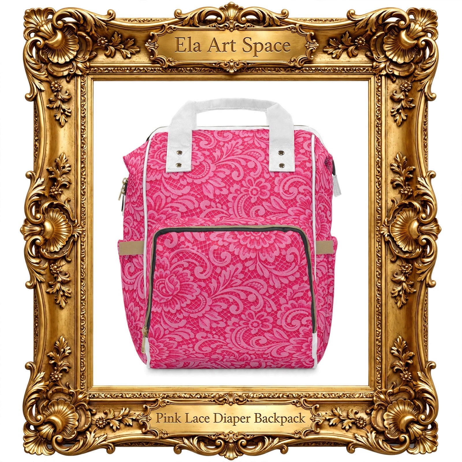 Pink lace diaper backpack with a floral paisley pattern, white top handles, and a front zippered pocket, presented inside an ornate gold picture frame with text reading 'Ela Art Space' and 'Pink Lace Diaper Backpack'.