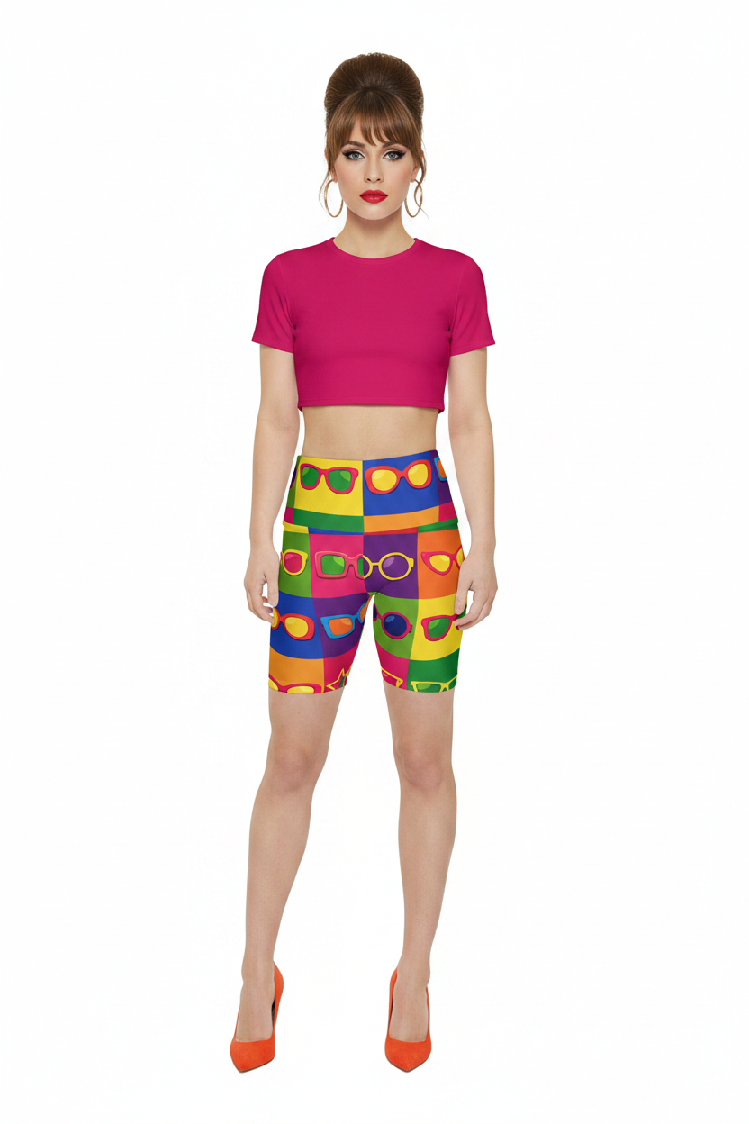Pop Art Sunglasses Bike Shorts - Mediterranean model Twiggy kitten heels