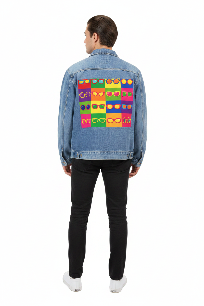 Pop Art Sunglasses Denim Jacket — model 60s