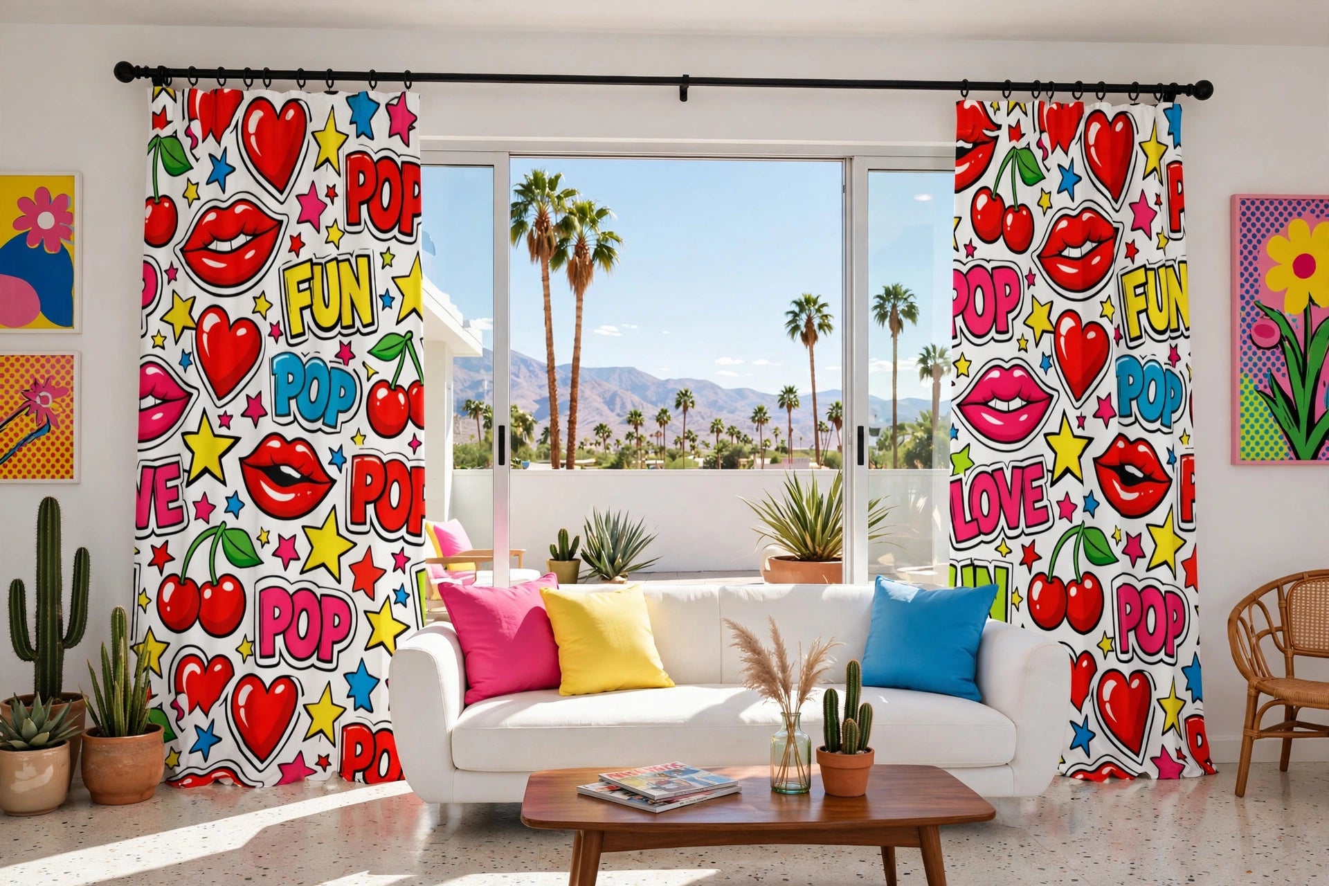 A pair of colorful curtain panels hanging on a black rod in a bright living room. The curtains feature a bold retro pattern with red lips, red hearts, cherries, yellow stars, and the words 'POP', 'LOVE', and 'FUN' in yellow.
