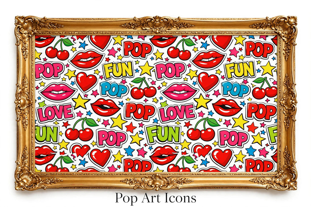 A framed pop art print featuring a colorful repeating pattern of lips, cherries, hearts, stars, and text reading 'POP' and 'FUN' in bright red, pink, yellow, blue, and green, displayed in an ornate gold frame on a white background with the text 'Pop Art Icons' below.