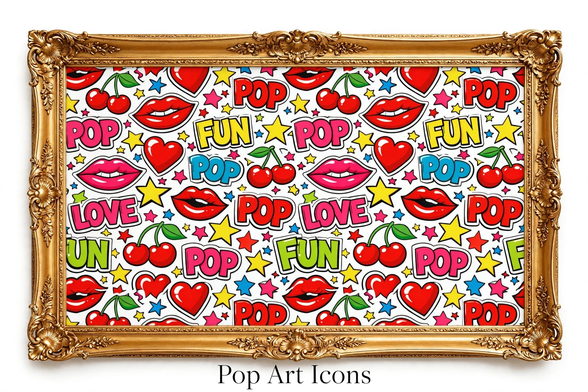 A framed pop art print featuring a colorful repeating pattern of lips, cherries, hearts, stars, and text reading 'POP' and 'FUN' in bright red, pink, yellow, blue, and green, displayed in an ornate gold frame on a white background with the text 'Pop Art Icons' below.
