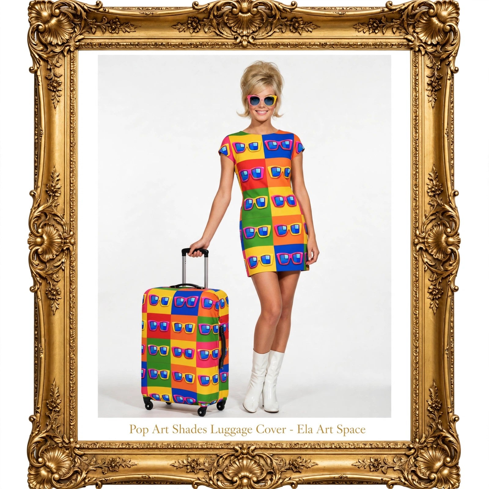 A woman wearing a colorful retro-patterned mini dress and white boots stands beside a matching hard-shell suitcase, holding its handle. The outfit and luggage feature a bold patchwork design with blue, red, yellow, green, and orange blocks, each printed with pink sunglasses.