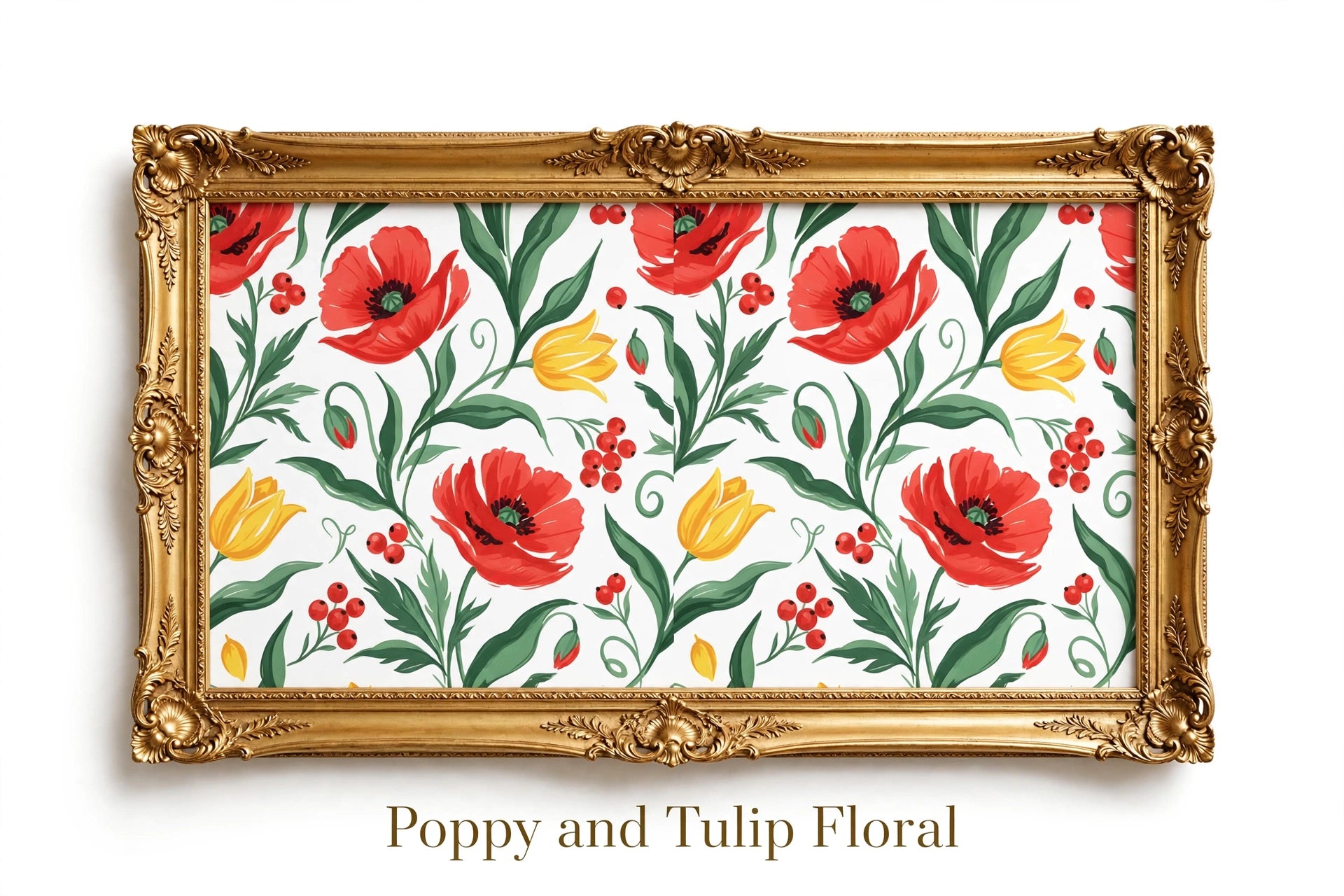 A framed floral print featuring red poppies, yellow tulips, and green leaves on a white background, enclosed in an ornate gold frame. The text 'Poppy and Tulip Floral' appears below the frame.